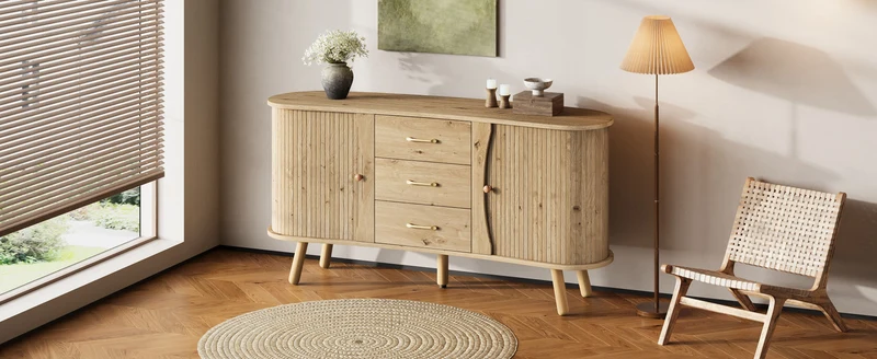 Buffet forme de pois effet bois naturel design latte 2 portes coulissantes 3 tiroirs TITANIUMTRAIL