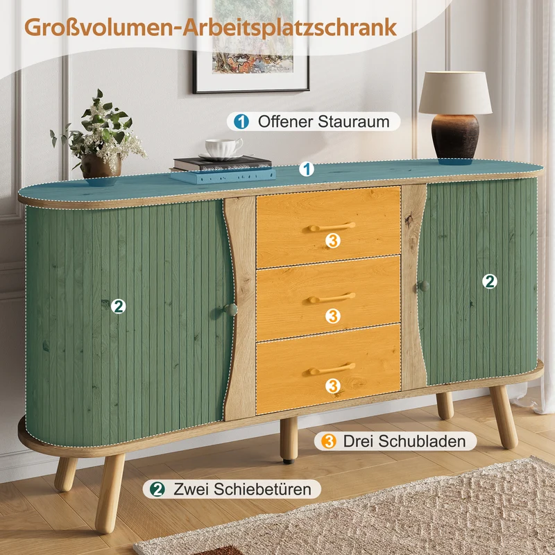 Buffet forme de pois effet bois naturel design latte 2 portes coulissantes 3 tiroirs TITANIUMTRAIL