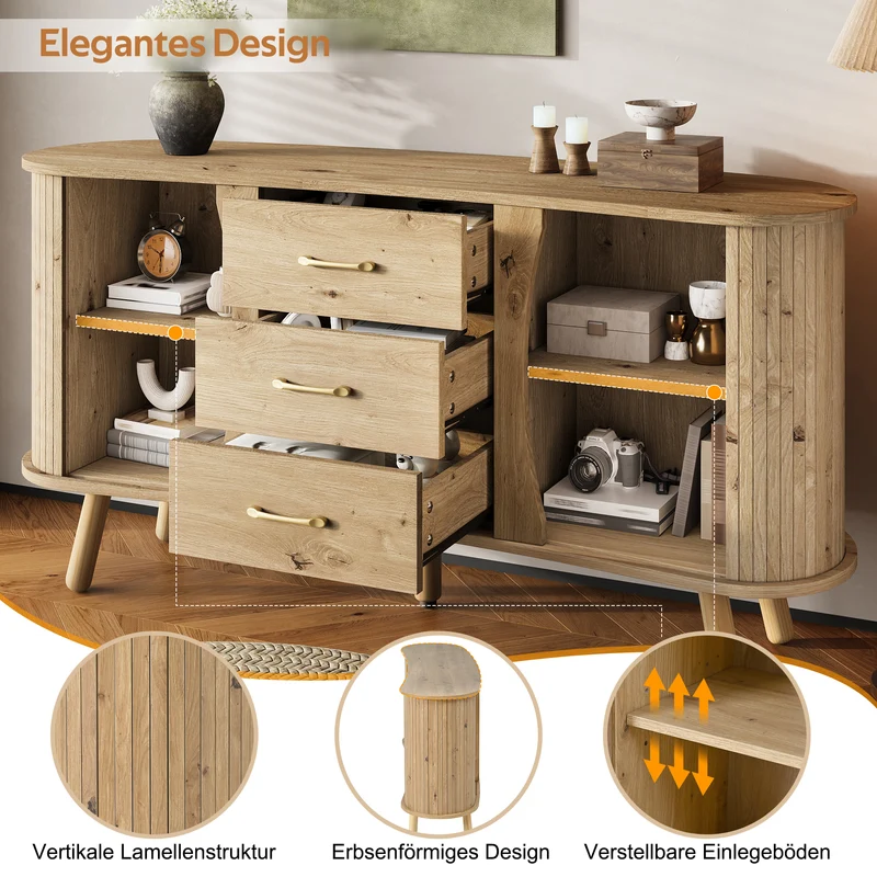 Buffet forme de pois effet bois naturel design latte 2 portes coulissantes 3 tiroirs TITANIUMTRAIL