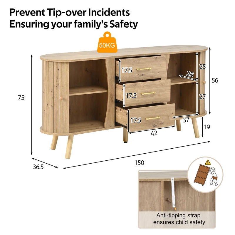 Buffet forme de pois effet bois naturel design latte 2 portes coulissantes 3 tiroirs TITANIUMTRAIL