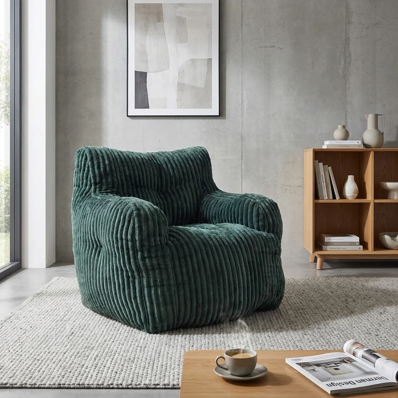 Fautueil poire pouf géant en velours côtelé vert sapin mousse mémoire 100x94x70 cm MAGNESIUMMIST