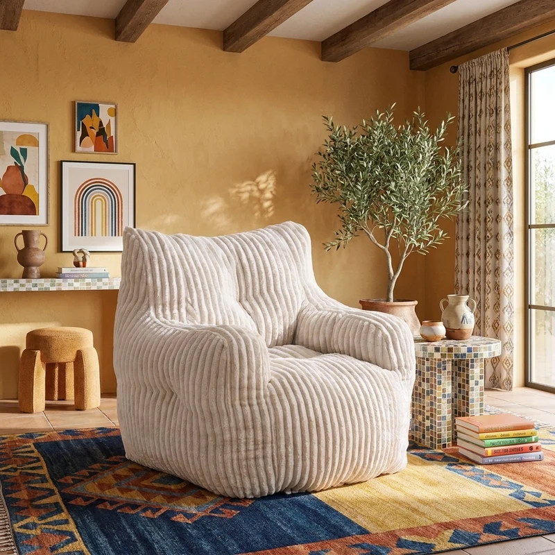 Fautueil poire pouf géant en velours côtelé beige mousse mémoire 100x94x70 cm ALUMINUMARIA