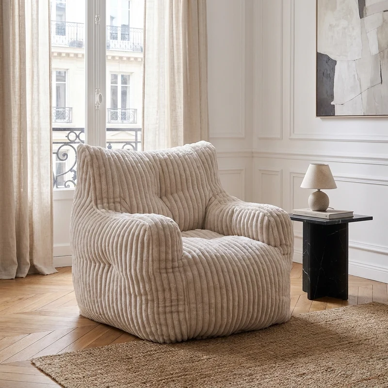 Fautueil poire pouf géant en velours côtelé beige mousse mémoire 100x94x70 cm ALUMINUMARIA