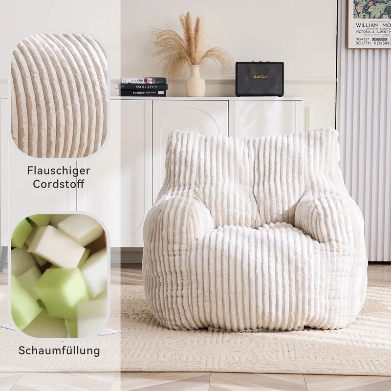 Fautueil poire pouf géant en velours côtelé beige mousse mémoire 100x94x70 cm ALUMINUMARIA