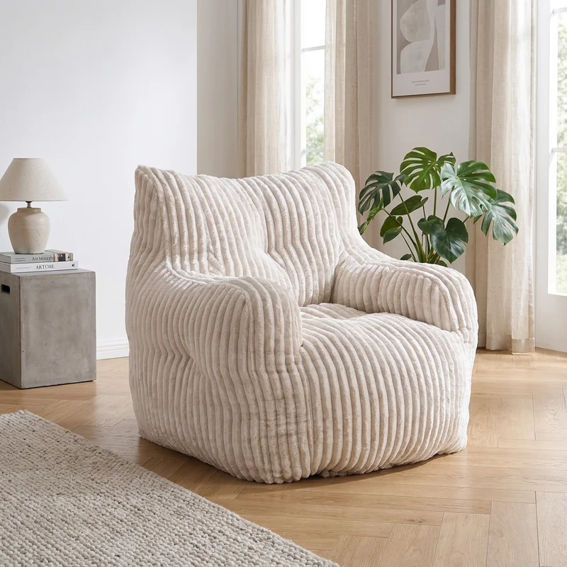 Fautueil poire pouf géant en velours côtelé beige mousse mémoire 100x94x70 cm ALUMINUMARIA