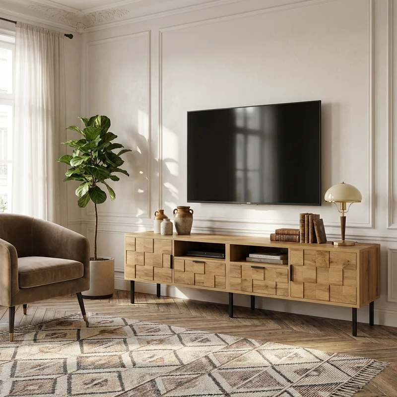 Meuble TV effet bois naturel design dammier 2 portes 2 tiroirs 160cm ADJUSTPLASTICPRO