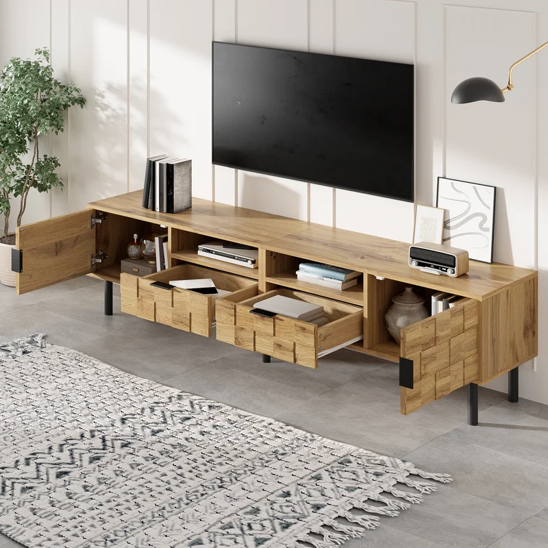 Meuble TV effet bois naturel design dammier 2 portes 2 tiroirs 160cm ADJUSTPLASTICPRO