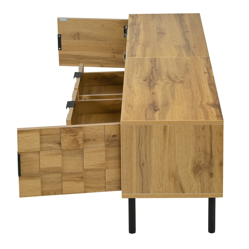 Meuble TV effet bois naturel design dammier 2 portes 2 tiroirs 160cm ADJUSTPLASTICPRO