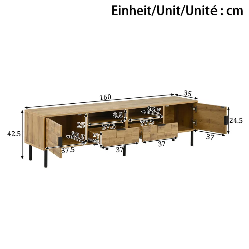 Meuble TV effet bois naturel design dammier 2 portes 2 tiroirs 160cm ADJUSTPLASTICPRO