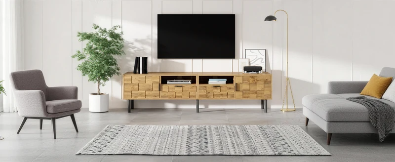 Meuble TV effet bois naturel design dammier 2 portes 2 tiroirs 160cm ADJUSTPLASTICPRO