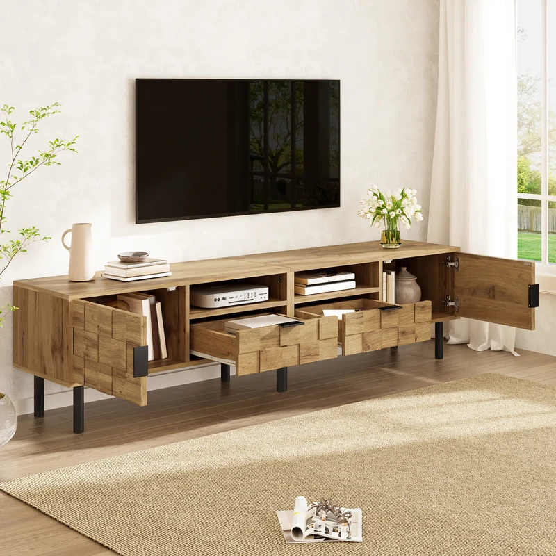 Meuble TV effet bois naturel design dammier 2 portes 2 tiroirs 160cm ADJUSTPLASTICPRO