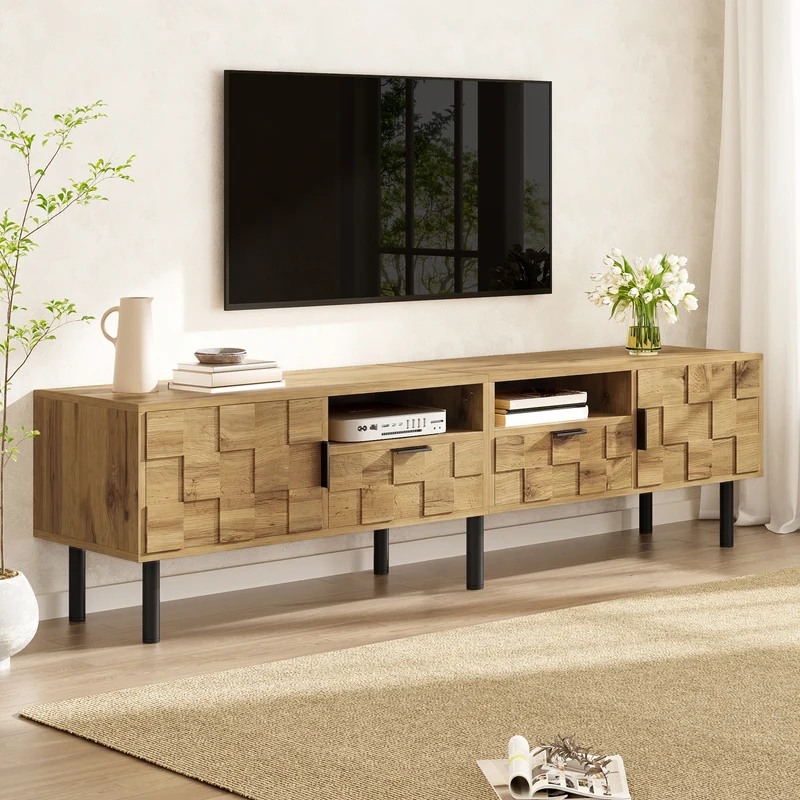 Meuble TV effet bois naturel design dammier 2 portes 2 tiroirs 160cm ADJUSTPLASTICPRO