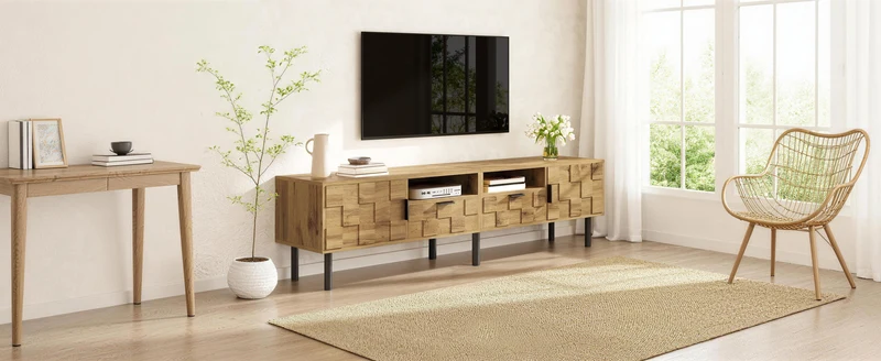 Meuble TV effet bois naturel design dammier 2 portes 2 tiroirs 160cm ADJUSTPLASTICPRO