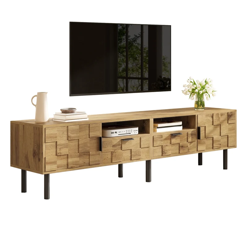 Meuble TV effet bois naturel design dammier 2 portes 2 tiroirs 160cm ADJUSTPLASTICPRO