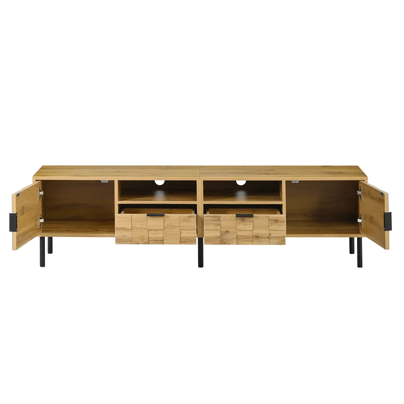 Meuble TV effet bois naturel design dammier 2 portes 2 tiroirs 160cm ADJUSTPLASTICPRO