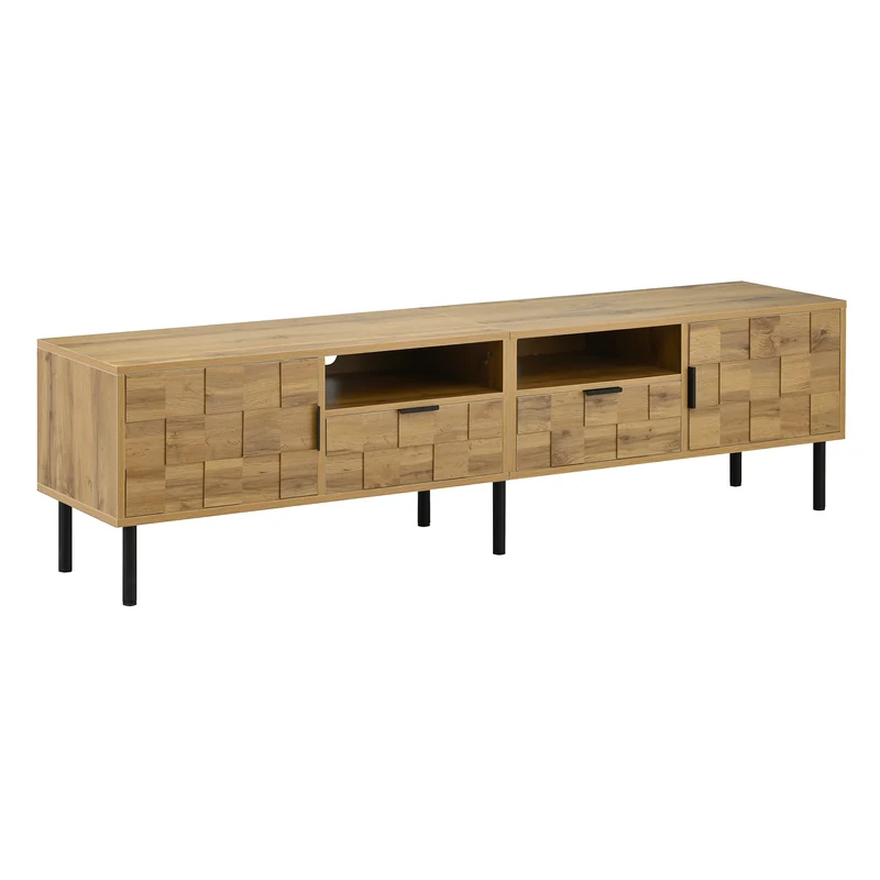 Meuble TV effet bois naturel design dammier 2 portes 2 tiroirs 160cm ADJUSTPLASTICPRO
