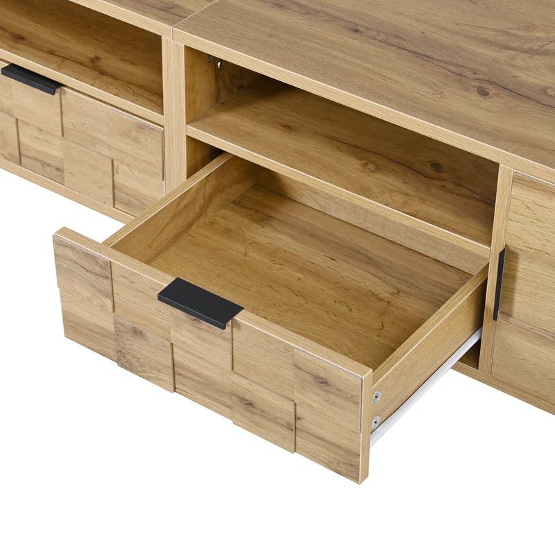 Meuble TV effet bois naturel design dammier 2 portes 2 tiroirs 160cm ADJUSTPLASTICPRO