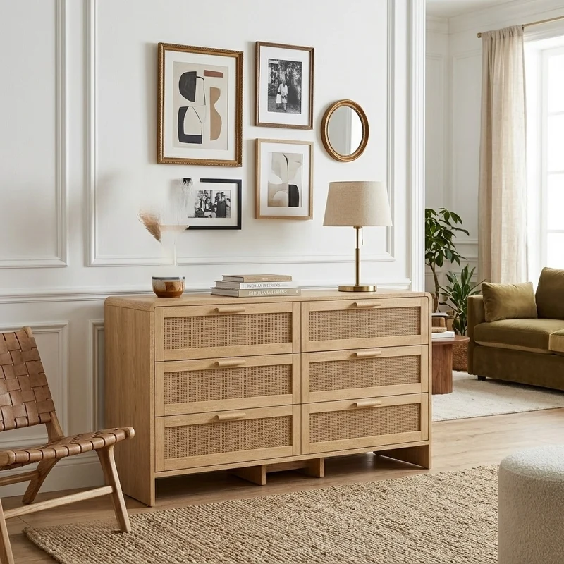 Buffet style naturel en rotin 6 tiroirs 130x40x74cm MOMENTUMMERIDIA