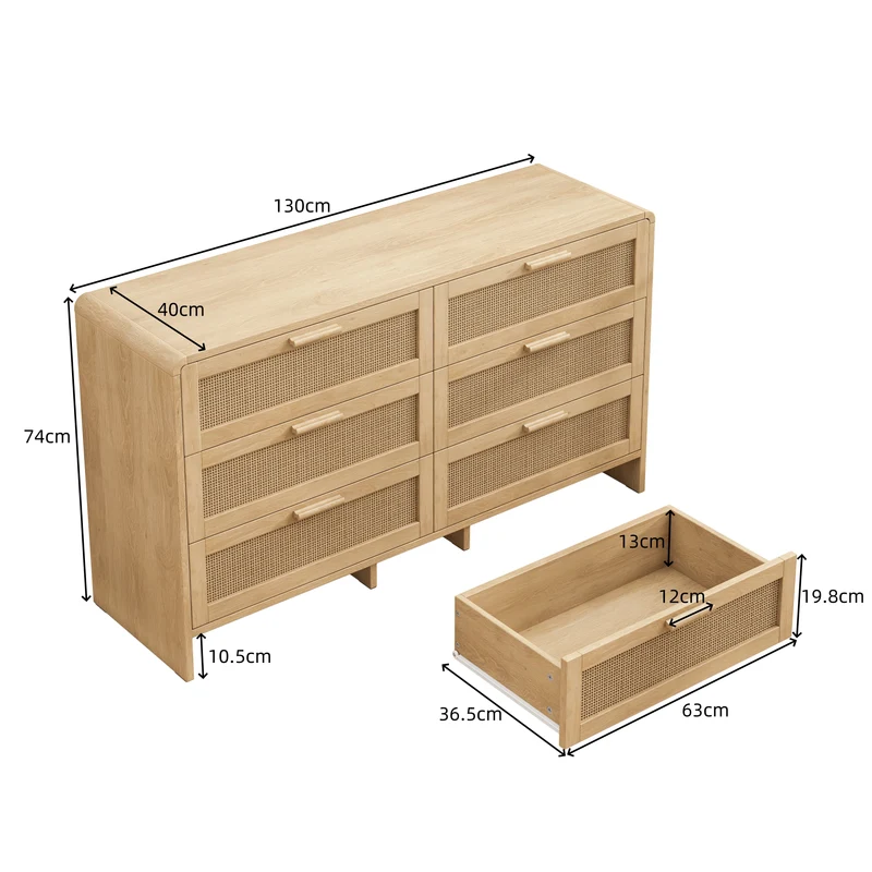 Buffet style naturel en rotin 6 tiroirs 130x40x74cm MOMENTUMMERIDIA