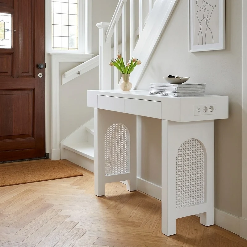 Console blanche pieds en rotin 2 tiroirs et avec prises & USB 120x35,5x76,5 cm MOMENTUMCLAR