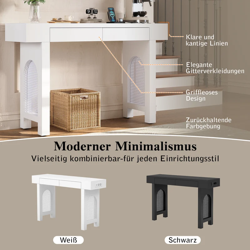 Console blanche pieds en rotin 2 tiroirs et avec prises & USB 120x35,5x76,5 cm MOMENTUMCLAR