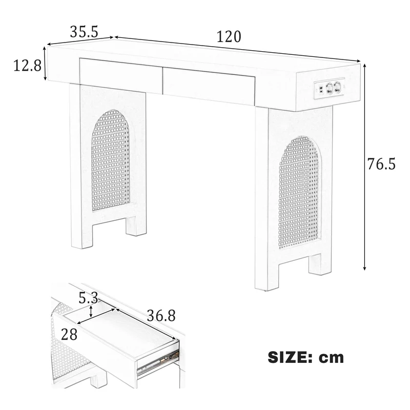 Console blanche pieds en rotin 2 tiroirs et avec prises & USB 120x35,5x76,5 cm MOMENTUMCLAR