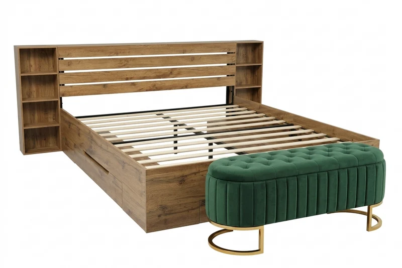 Lit double effet bois, tête de lit LED & USB et banc coffre velours vert 160x200cm RIFTZYNTHYNOR+IESSAES QUEEN