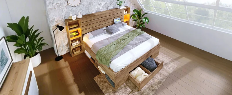 Lit double effet bois, tête de lit LED & USB et banc coffre velours vert 160x200cm RIFTZYNTHYNOR+IESSAES QUEEN