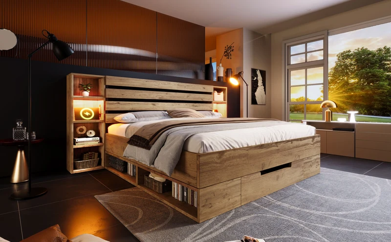 Lit double effet bois, tête de lit LED & USB et banc coffre velours vert 160x200cm RIFTZYNTHYNOR+IESSAES QUEEN