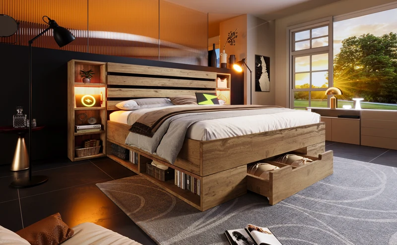 Lit double effet bois, tête de lit LED & USB et banc coffre velours vert 160x200cm RIFTZYNTHYNOR+IESSAES QUEEN