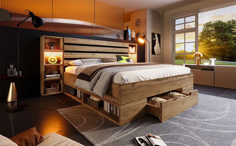 Lit double effet bois, tête de lit LED & USB et banc coffre velours vert 160x200cm RIFTZYNTHYNOR+IESSAES QUEEN
