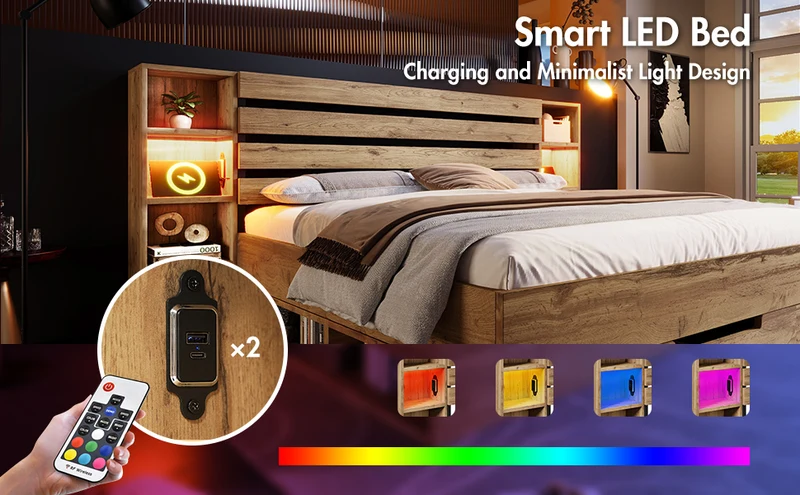 Lit double effet bois, tête de lit LED & USB et banc coffre velours vert 160x200cm RIFTZYNTHYNOR+IESSAES QUEEN