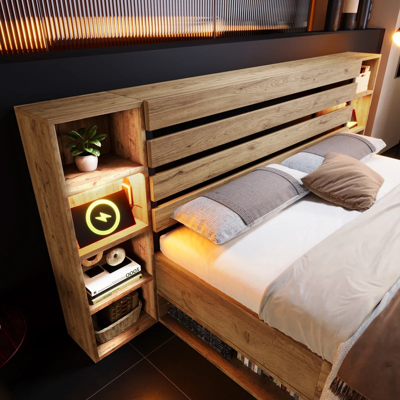 Lit double effet bois, tête de lit LED & USB et banc coffre velours vert 160x200cm RIFTZYNTHYNOR+IESSAES QUEEN