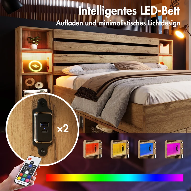 Lit double effet bois, tête de lit LED & USB et banc coffre velours vert 160x200cm RIFTZYNTHYNOR+IESSAES QUEEN