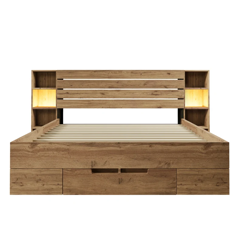 Lit double effet bois, tête de lit LED & USB et banc coffre velours vert 160x200cm RIFTZYNTHYNOR+IESSAES QUEEN