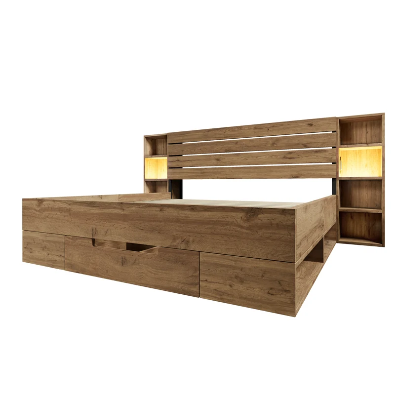 Lit double effet bois, tête de lit LED & USB et banc coffre velours vert 160x200cm RIFTZYNTHYNOR+IESSAES QUEEN