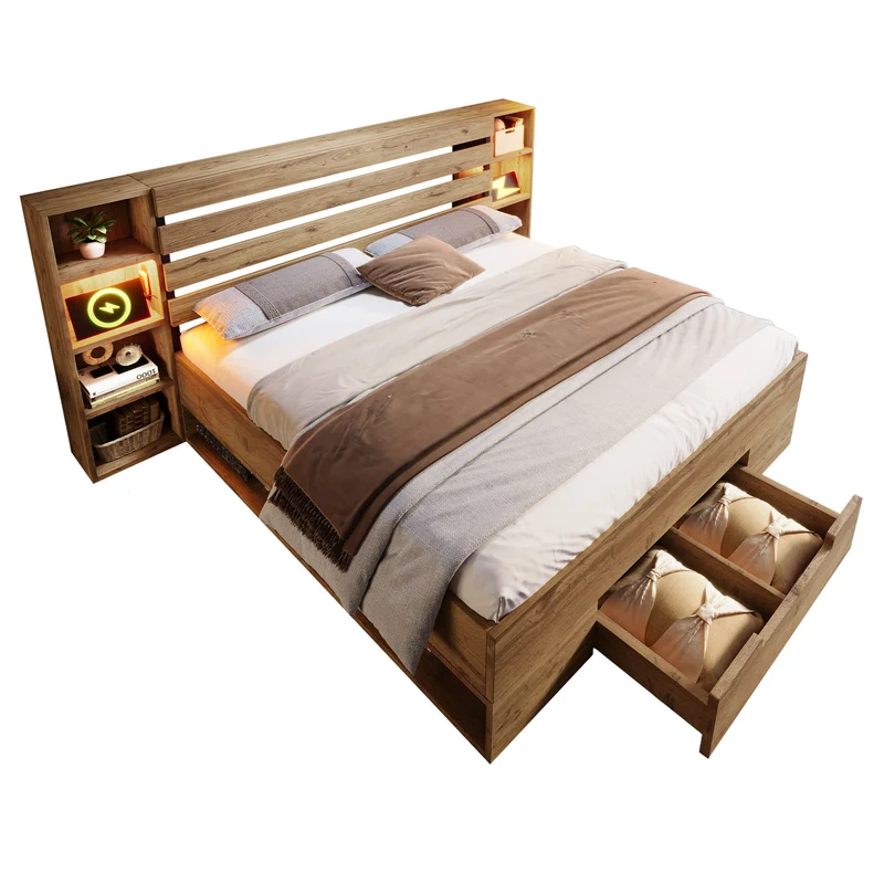 Lit double effet bois, tête de lit LED & USB et banc coffre velours vert 160x200cm RIFTZYNTHYNOR+IESSAES QUEEN