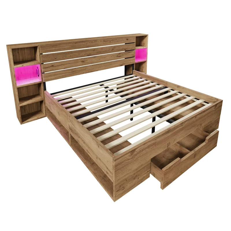 Lit double effet bois, tête de lit LED & USB et banc coffre velours vert 160x200cm RIFTZYNTHYNOR+IESSAES QUEEN