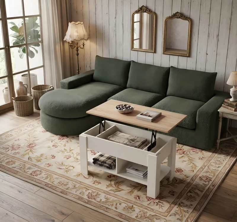 Ensemble de canapé modulable 3 places en chenille vert et table basse relevable effet blanc chêne VERTEXZORATHYNOR ELOT OAK