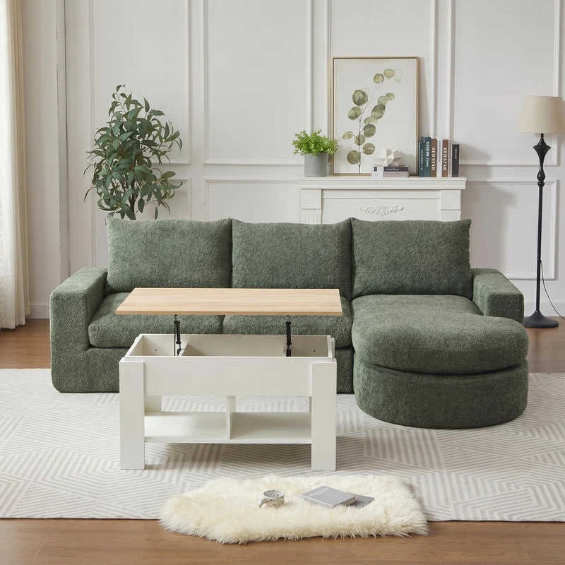Ensemble de canapé modulable 3 places en chenille vert et table basse relevable effet blanc chêne VERTEXZORATHYNOR ELOT OAK