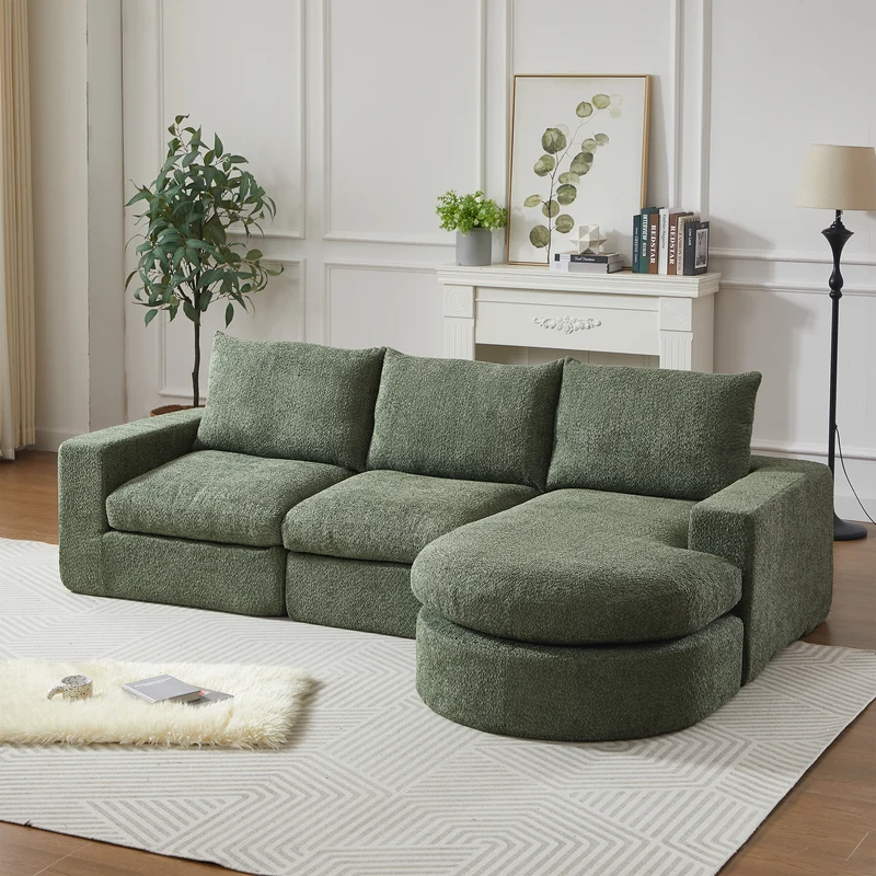 Ensemble de canapé modulable 3 places en chenille vert et table basse relevable effet blanc chêne VERTEXZORATHYNOR ELOT OAK