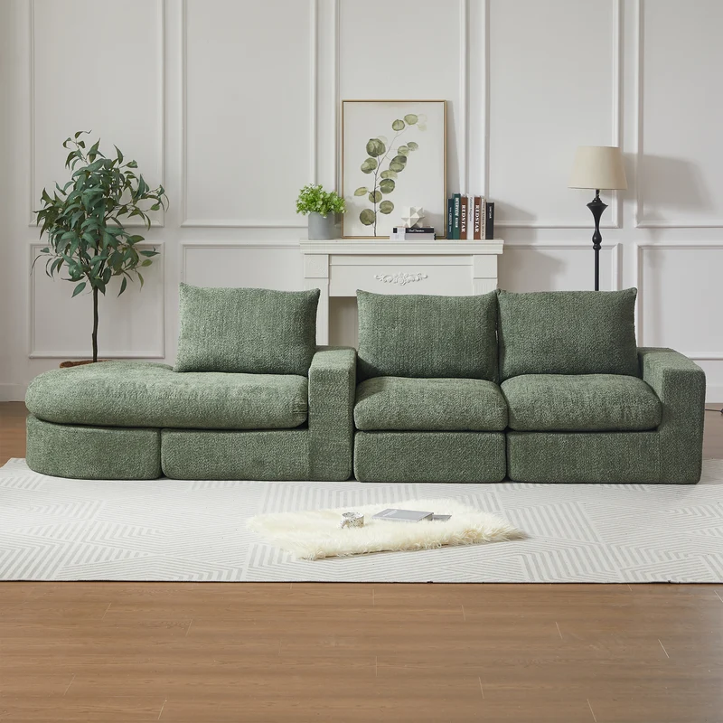 Ensemble de canapé modulable 3 places en chenille vert et table basse relevable effet blanc chêne VERTEXZORATHYNOR ELOT OAK