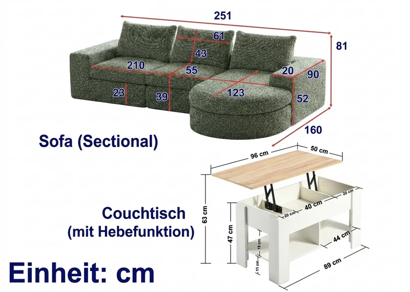 Ensemble de canapé modulable 3 places en chenille vert et table basse relevable effet blanc chêne VERTEXZORATHYNOR ELOT OAK