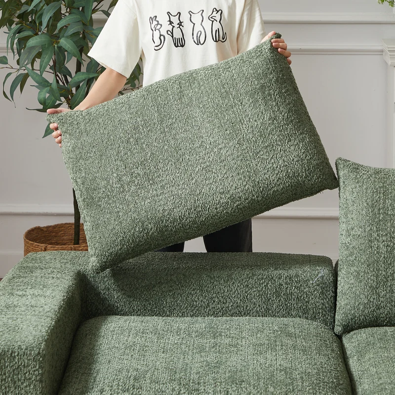Ensemble de canapé modulable 3 places en chenille vert et table basse relevable effet blanc chêne VERTEXZORATHYNOR ELOT OAK