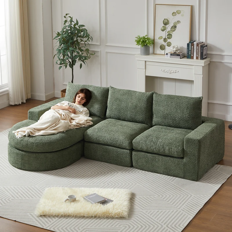 Ensemble de canapé modulable 3 places en chenille vert et table basse relevable effet blanc chêne VERTEXZORATHYNOR ELOT OAK