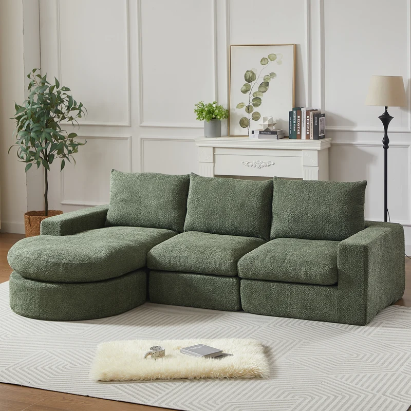 Ensemble de canapé modulable 3 places en chenille vert et table basse relevable effet blanc chêne VERTEXZORATHYNOR ELOT OAK