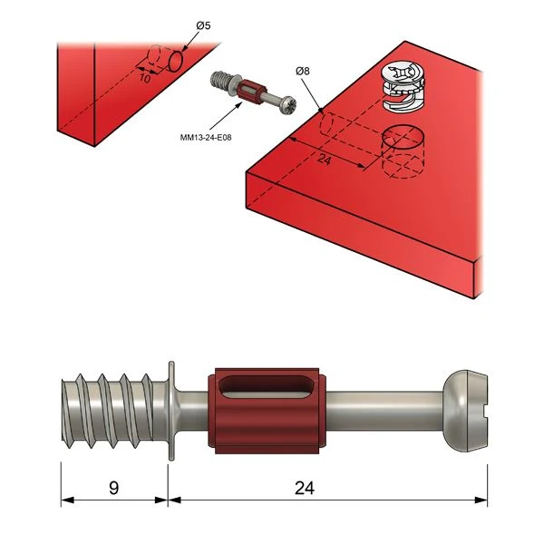 Goujons à Visser 24mm avec Vis EURO filetage - 1 pièce