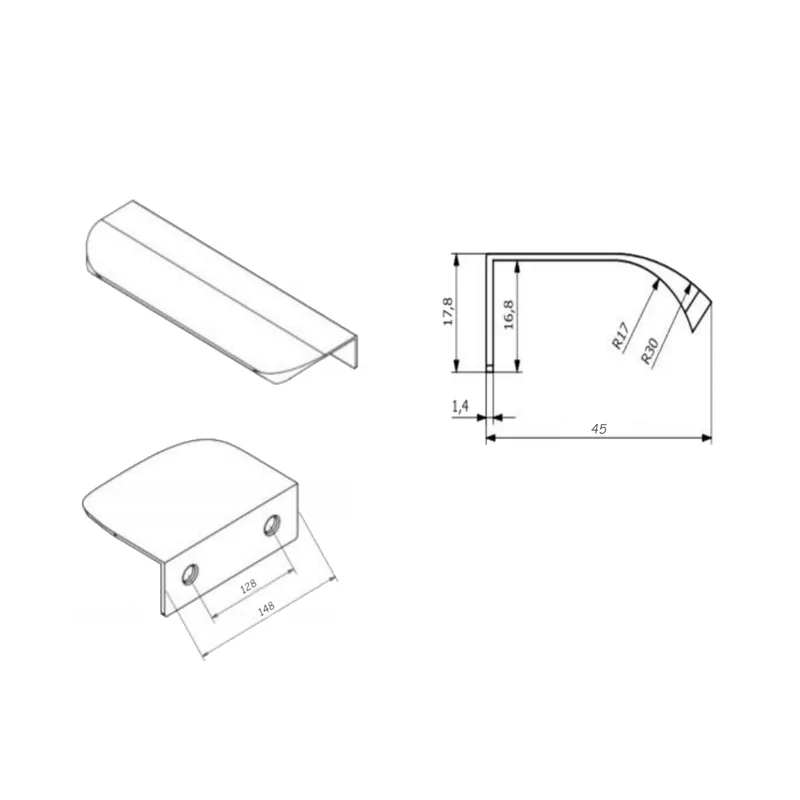 Poignée profilée rond Edge 128mm (Longueurs totales 148mm) - Blanc