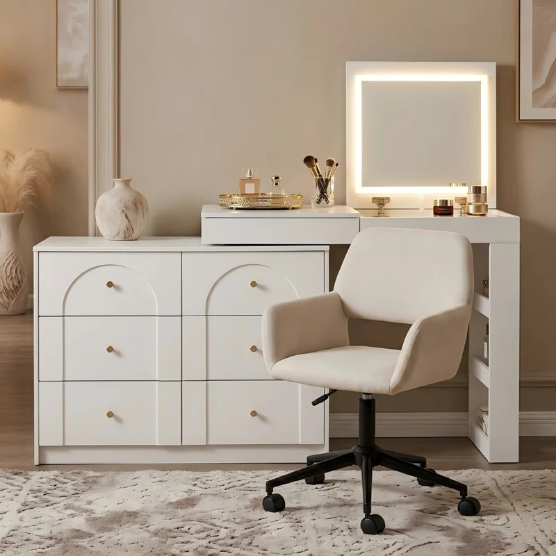 Ensemble de coiffeuse blanc mirror LED et chaise blanche mobile CARROIL ROSS