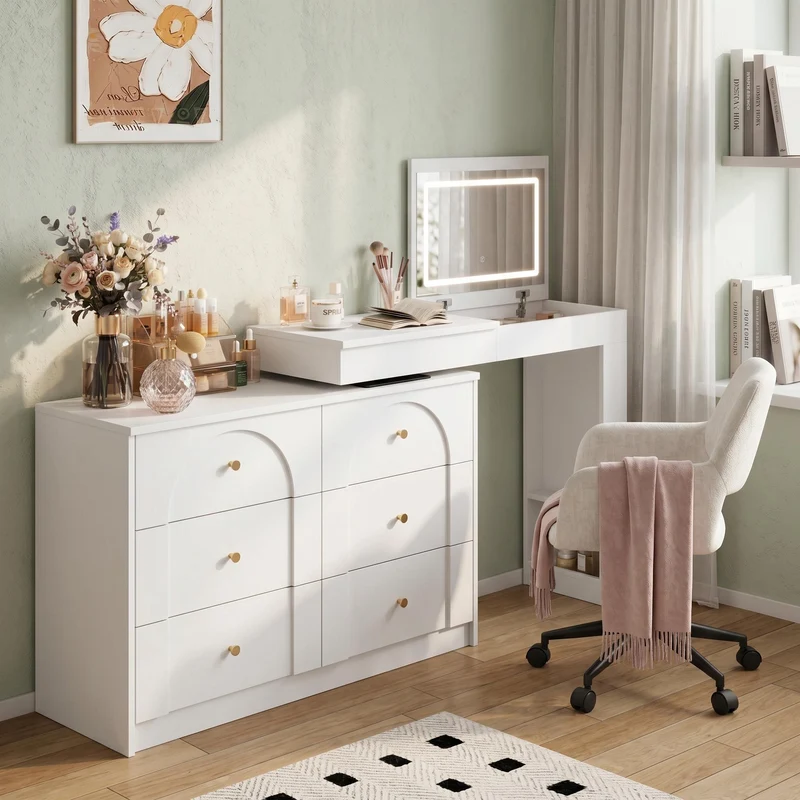 Ensemble de coiffeuse blanc mirror LED et chaise blanche mobile CARROIL ROSS